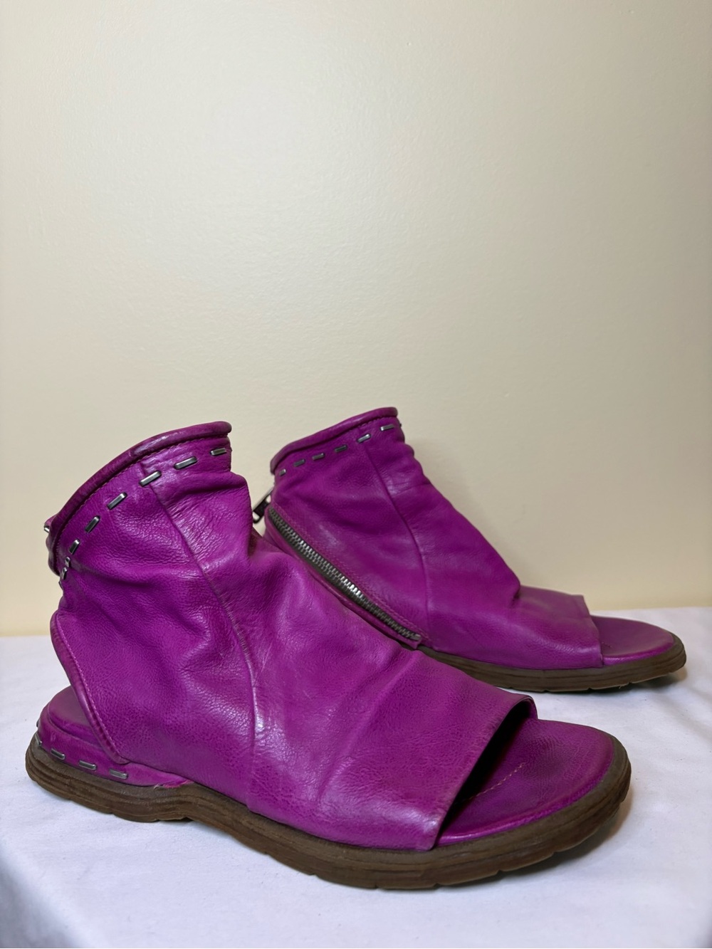 A.S.98 Magenta Leather Open-Toe Zip Ankle Sandals Size 37